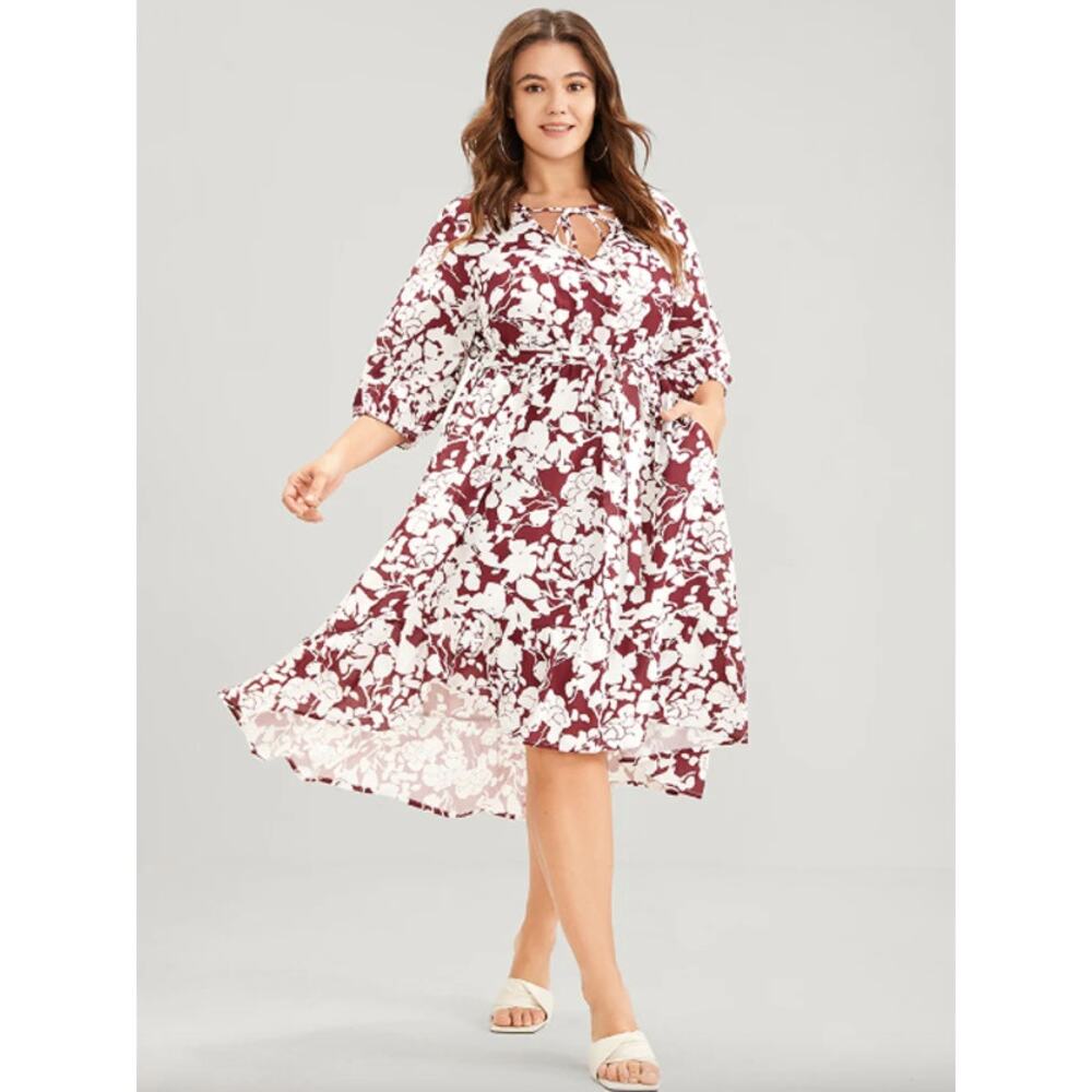 BloomChic Floral Midi Dress 6X 30 Ruffle Lantern Sleeve Pocket Tie - Picture 1 of 15